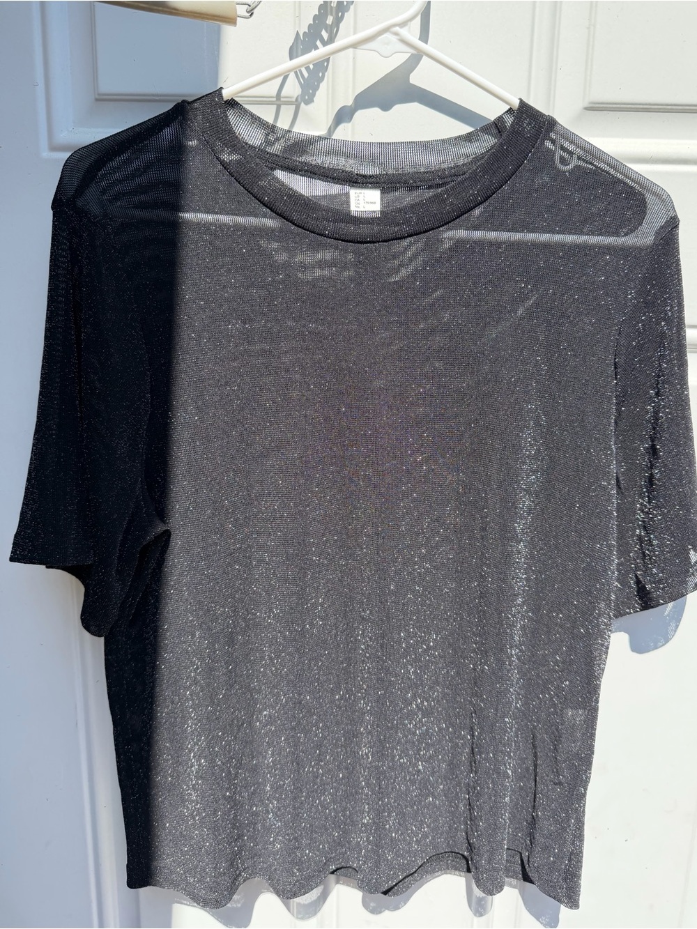 Black Sheer Metallic Mesh Sparkle Short Sleeve Top Size Large